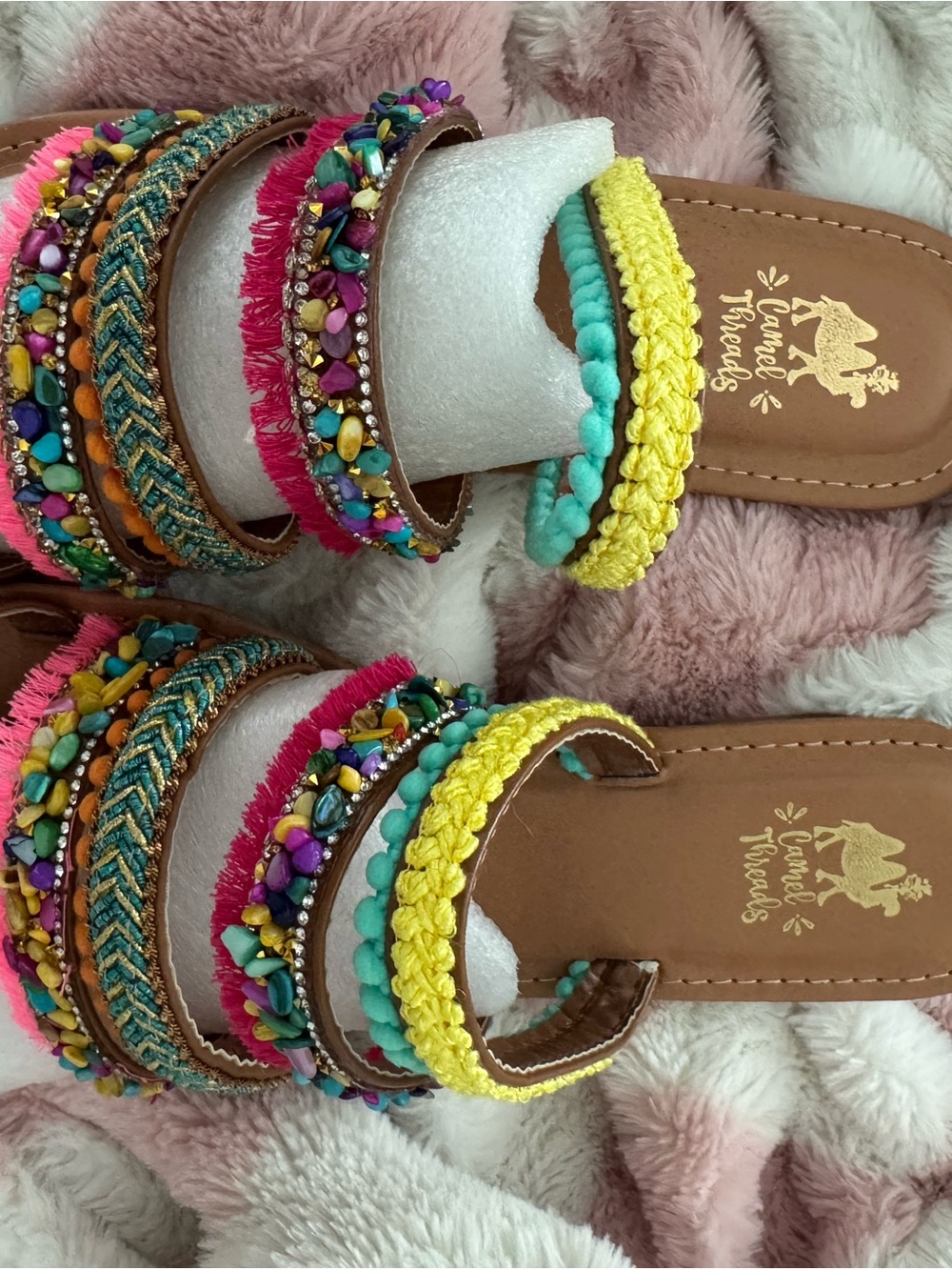 Women's Multicolor Beaded Braided Slide Sandals